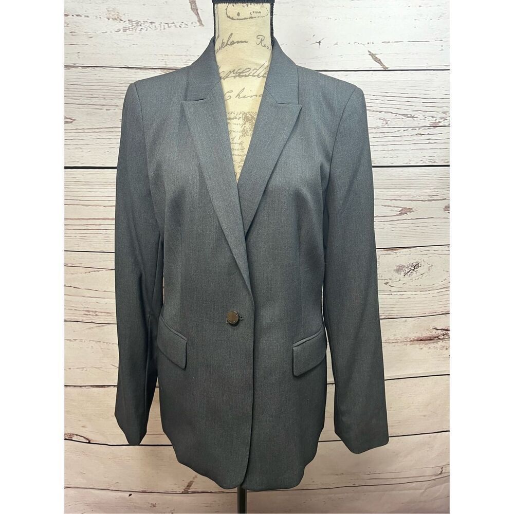 Calvin Klein Women Blazer Gray Single Button Notch Lapel Business Career Size 14